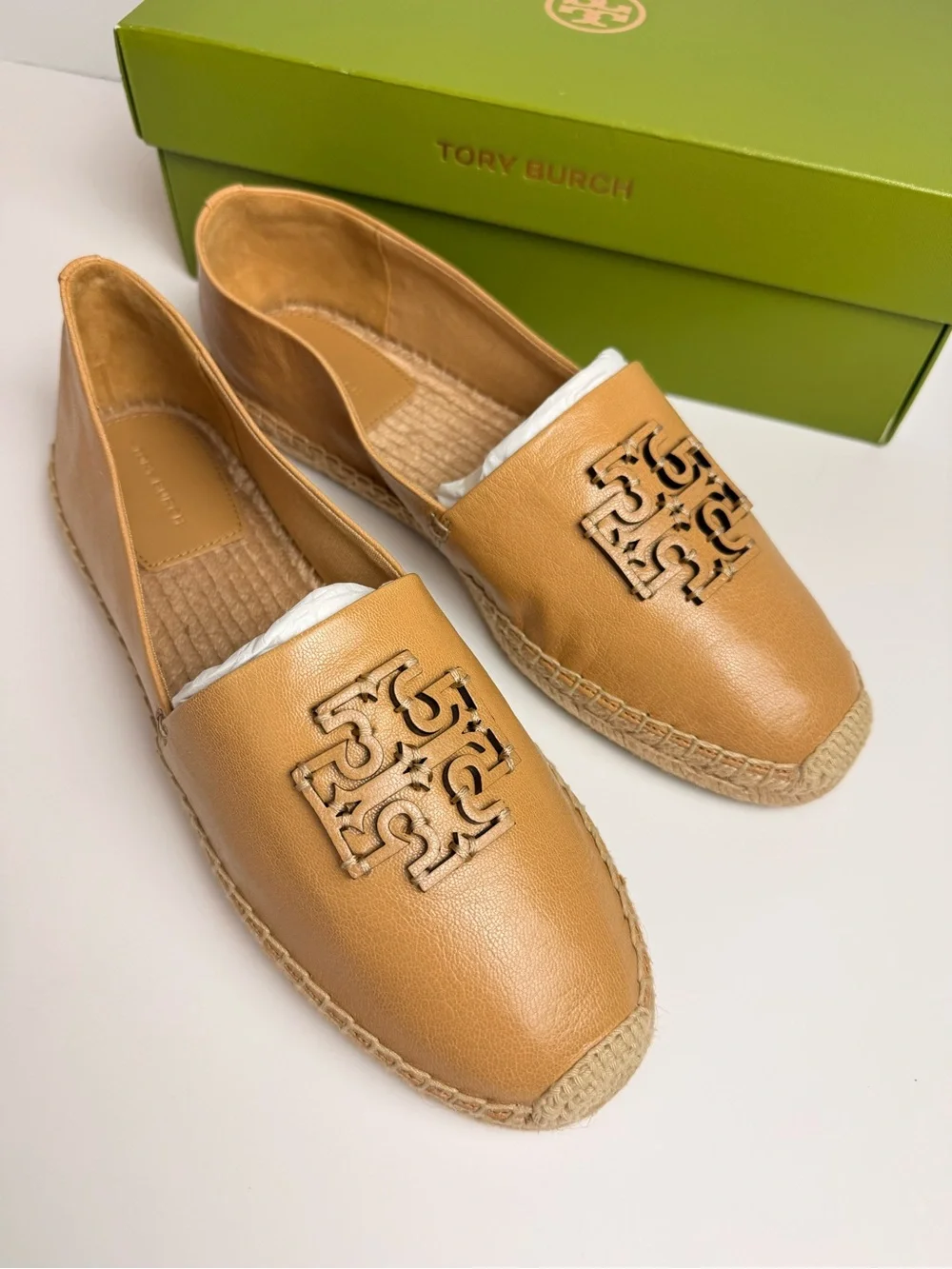 Tory Burch Cut-Out Logo Leather Espadrille Flats Ginger Shortbread US 11